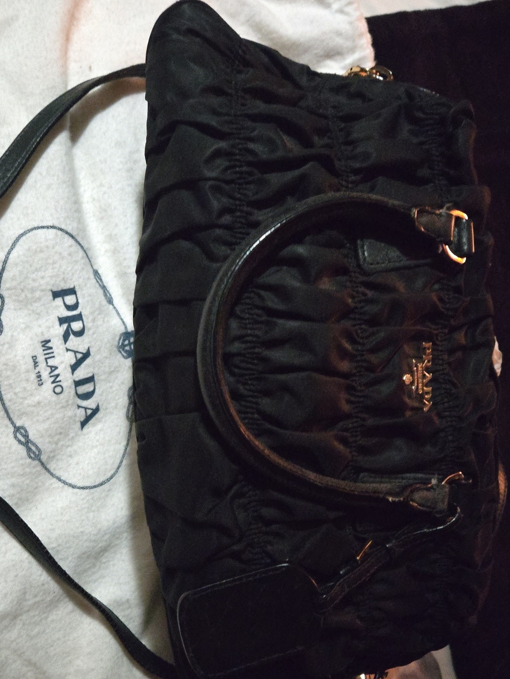 Prada Black Ruched Nylon Shoulder Bag with Gold Hardware